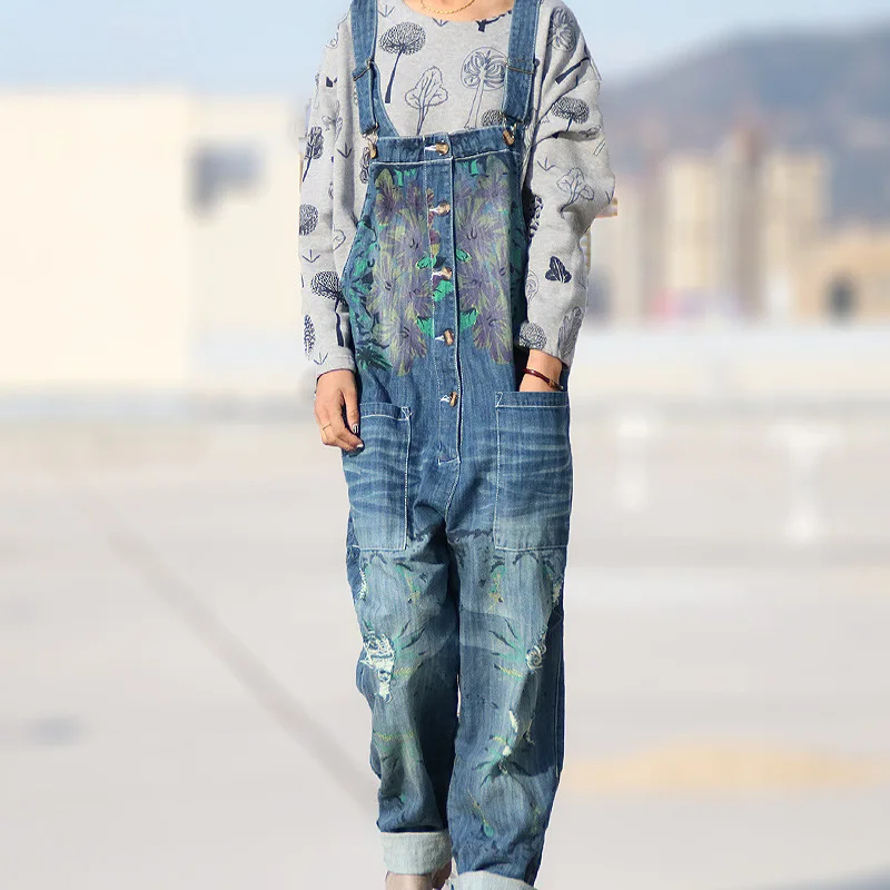 Women 2016 Summer Leisure Loose Plus Size Denim Jumpsuits Overalls collapse Pants Ankle length Strap Floral