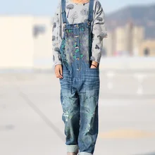 Women 2016 Summer Leisure Loose Plus Size Denim Jumpsuits Overalls collapse Pants Ankle-length Strap Floral Print Denim Trousers