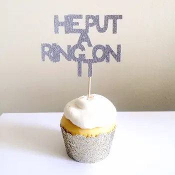 

silver glitter He Put A Ring On It cupcake topper Bachelorette bridal shower food Picks wedding party cake toppers