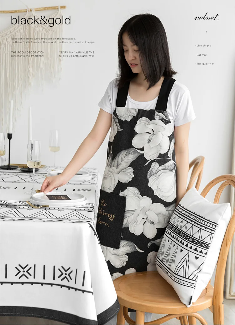 Нордический стиль хлопок печать фартуки черные цветы узор Прочный Фартук для пекаря бар барбекю рабочая одежда 02 вес = 0,5 кг