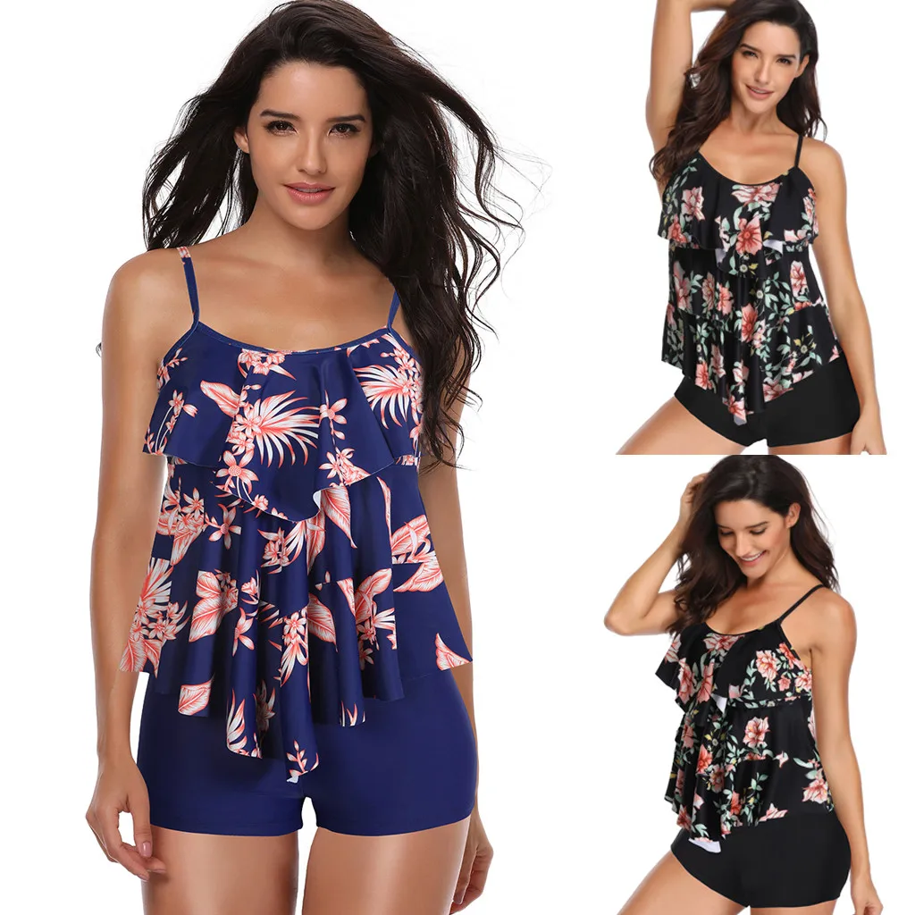 

Women Padded Ruffles Print High Waist Beach Suit Tankini Bikini Swimwear Plus Large conservative swimsuit Broadcloth A30322