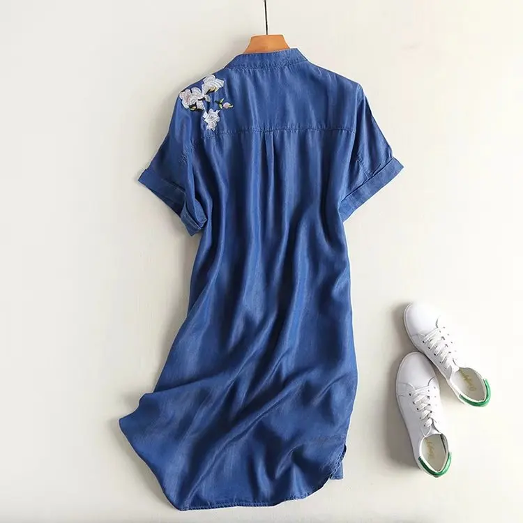 2017 New Fashion Spring Casual Denim Dresses Women Short Sleeve Single Breasted Vintage Floral Embroidery Jeans Dress Vestidos
