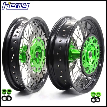 

3.5/5.0 17IN. Complete Supermoto Wheels Rims Set For KAWASAKI KX125 KX250 2006-2007 Supermotard Front 320MM Green Oversize Disc