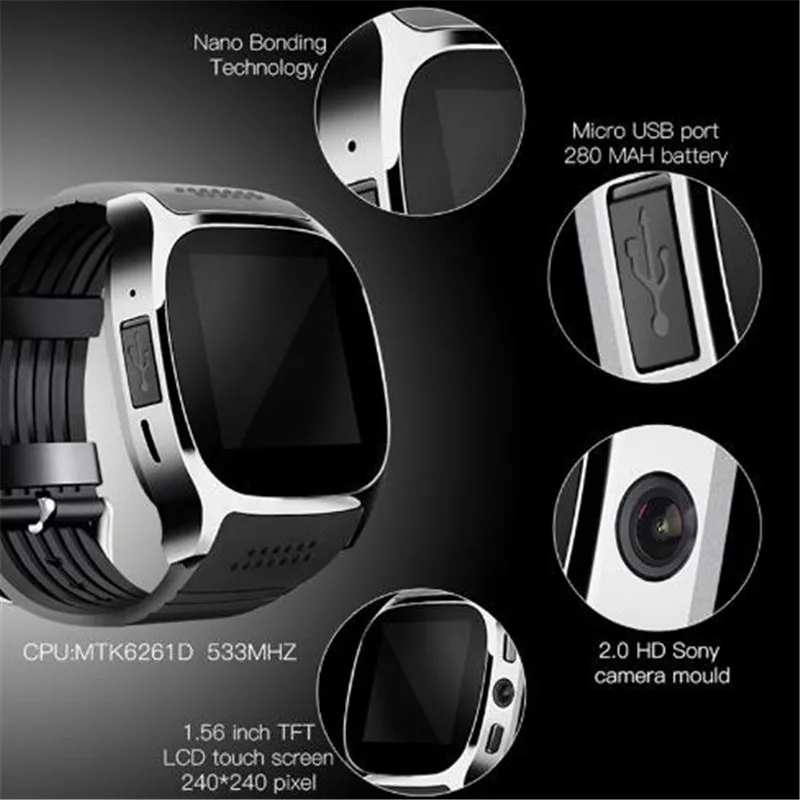 Men T8 Bluetooth Smart Watch With Touch Screen Big Battery Camera TF Sim Card For IOS Android Phone VS Y1 V8 X6 U8 A1 DZ09 Q18