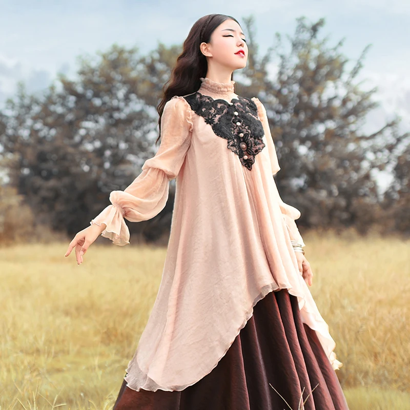 [Lynette's chinoisero-boshow] Зимняя женская шифоновая рубашка свободного кроя в винтажном стиле с вышивкой, дымчатый Топ