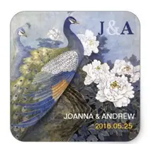 1.5inch Vintage Peacock Pair Peony Blossoms Wedding Favors Square Sticker