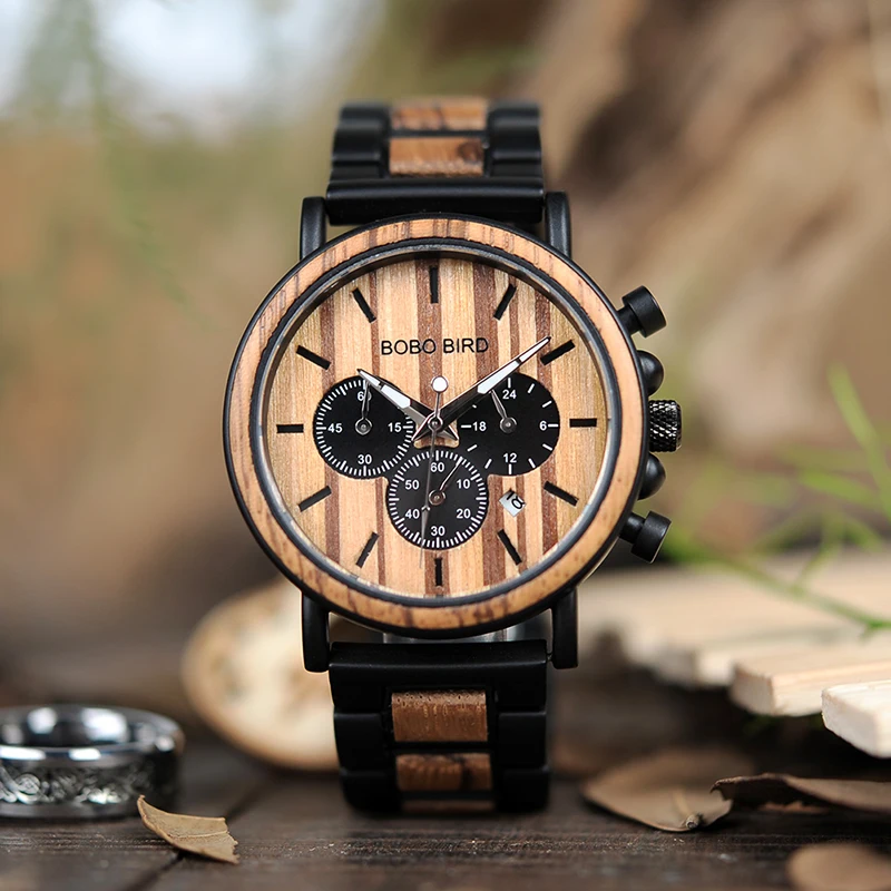 BOBO BIRD Stylish Casual Wooden Quartz Mens Watches Stainless Steel Chronograph Military Dress Watch