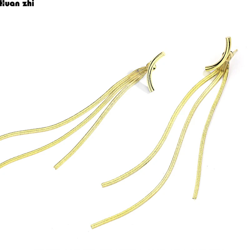

HUANZHI 2019 New Design Metal Gold Curved Line Irregular Double Side Long Tassel Drop Earrings for Women Girl Party Jewelry