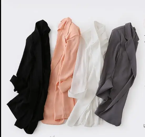 

Elegant Long Blazer Women Plus Size Chiffon 2017 New Blazer Feminino Casual V-neck Three Quarter Solid Korean Style Thin White