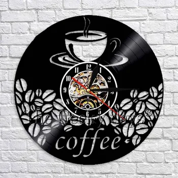 

Coffee Shop Art Wall Decor Coffee Beans Mug Vinyl Record Wall Clocks Room Modern Design 3D Wall Watches Kitchen Clocks