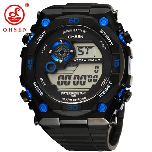 Новинка OHSEN цифровые электронные мужские спортивные наручные часы для мальчиков 50 м водонепроницаемый черный силиконовый ремешок модные ЖК-часы для активного образа жизни подарок - Цвет: Blue