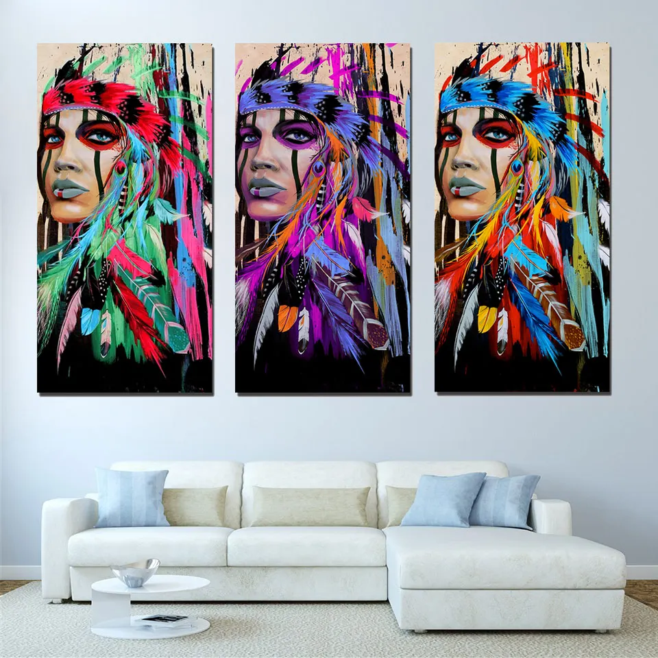 

Art Pictures Frame Living Room HD Printed Painting 3 Panel Native American Indian Feather Home Decoration Posters Modern Wall