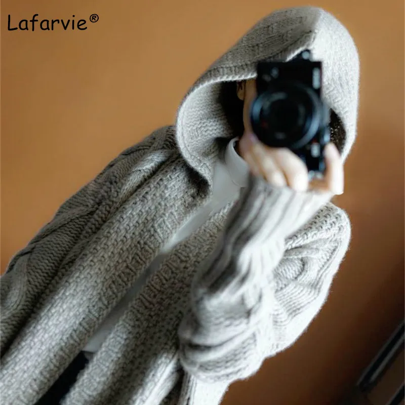 Lafarvie Thick Cashmere Blended Knitted Sweater Cardigan Women Coat Autumn Winter Hooded Collar Plaid Long Coat Knitting Outwear