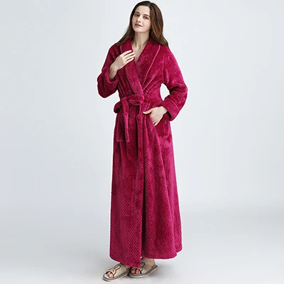 Men Women Winter Extra Long Thicken Grid Flannel Warm Bath Robe Luxury Soft Thermal Bathrobe Mens Dressing Gown Male Sexy Robes - Цвет: Rose Women