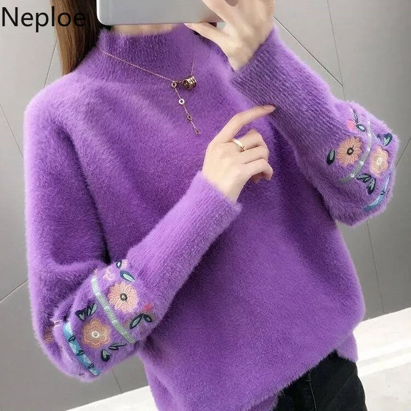 

Neploe Korean Autumn Winter Loose Wild Knitted Sweaters Turtleneck Solid Flower Pullover Preppy Style Elegant Sweater 45515