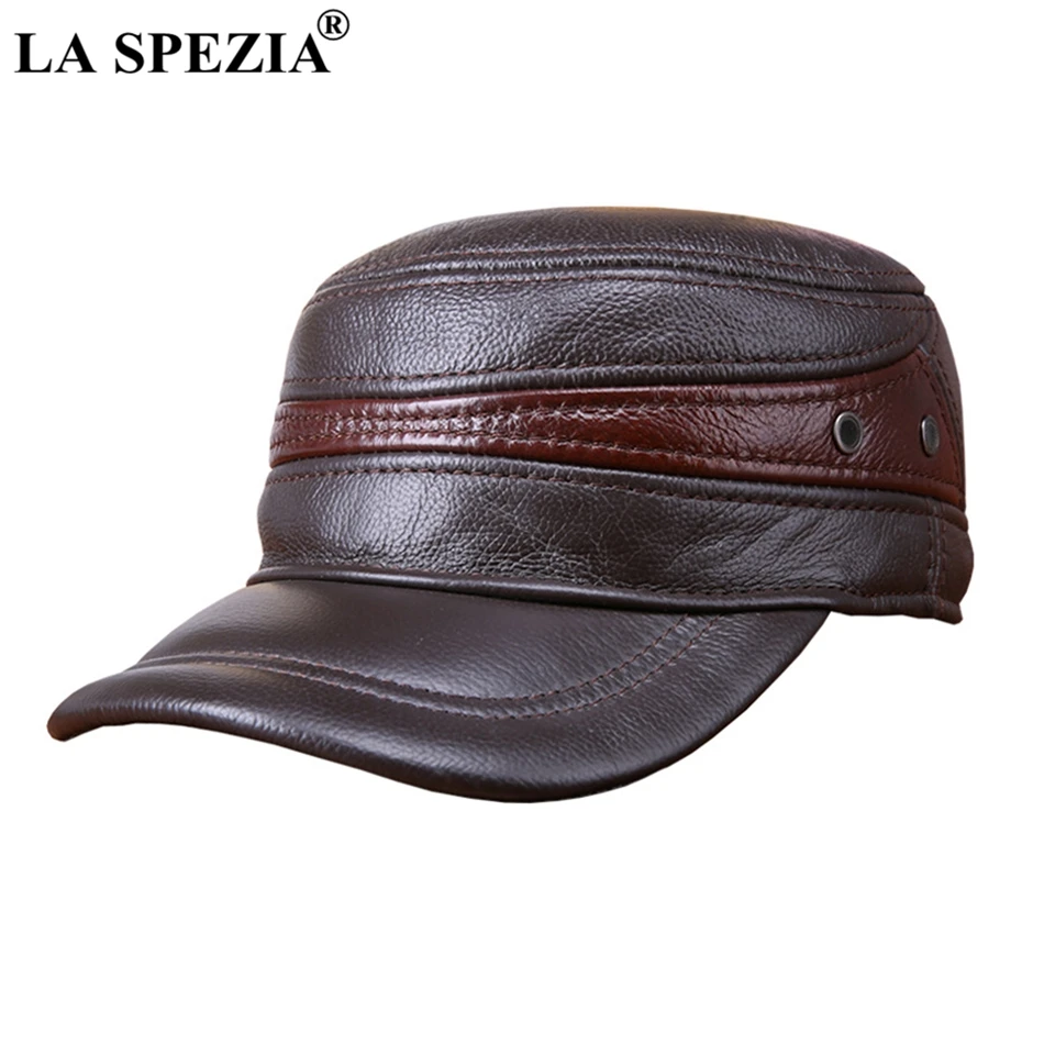 

LA SPEZIA Men Military Hat Brown Genuine Cow Leather Flat Top Cap Male Natural Leather High Quality Winter Army Caps New Fashion
