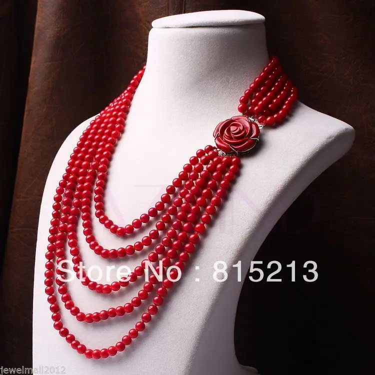 

ddh0023 6-7mm red coral bead beaded multi 5 row carved rose flower silver necklace