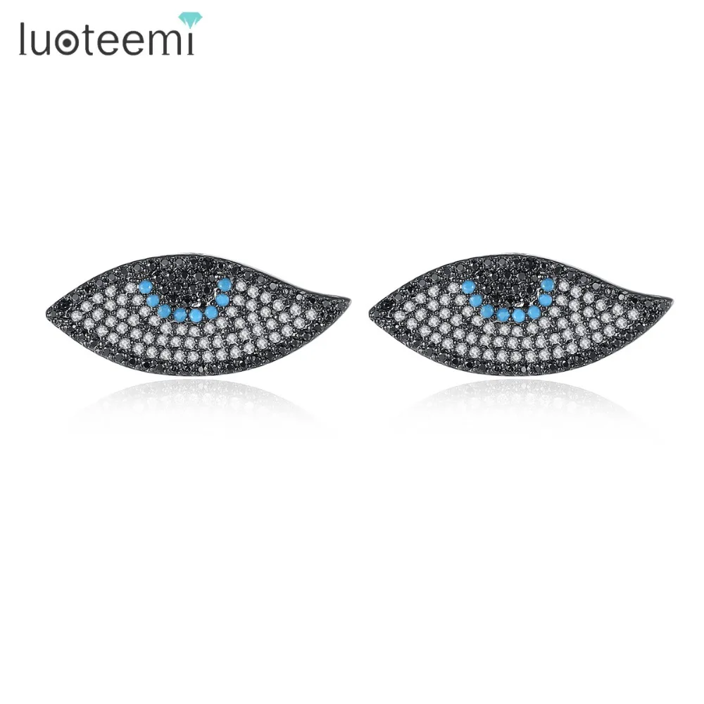 

LUOTEEMI European And American Gun Black Color Blue CZ Crystal Turkish Eye Stud Earrings For Women Fashionable Exquisite Earring