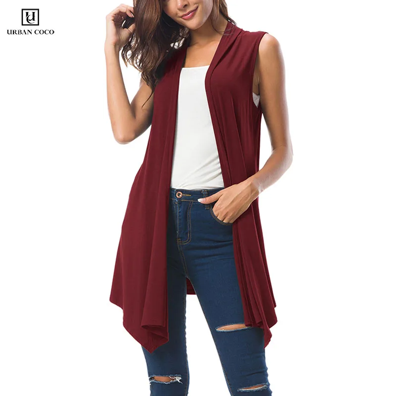 

Women's Sleeveless Draped Solid Open Front Cardigan Vest Asymmetric Hem