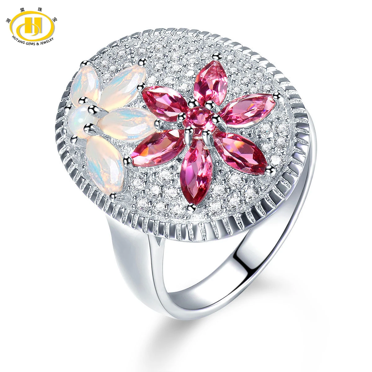 Hutang Natural Rhodolite Garnet & Opal Ring Solid 925 Sterling Silver Luxury Fine Gemstone Jewelry for Women Christmas Gift