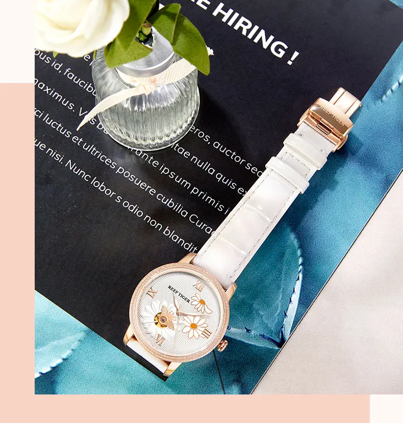 Reef Tiger/RT новые модные женские часы автоматические часы с кожаным ремешком розовое золото бриллиантовые часы Relogio Feminino RGA1585