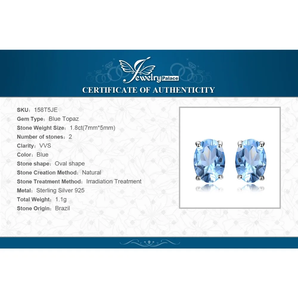 Jewelrypalace Овальный 1.9ct Природный Голубой топаз камень Серьги гвоздики твердых