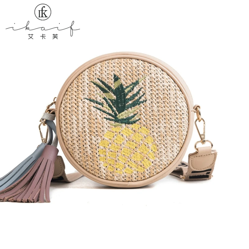 

2019 New Mini Round Pineapple Crossbody Bags for Women Summer Embroidery Wide Strap Straw Woven Girls Shoulder Messenger Bags