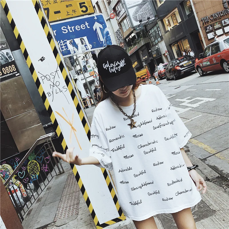 Корейская уличная футболка с буквенным принтом Kpop, женские топы, летняя одежда, Харадзюку, хип-хоп свободная длинная футболка, одежда для школьниц