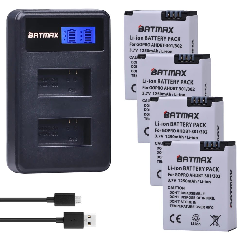 4Pcs 1250mAh Battery + USB LCD Dual Charger for Gopro 3 Battery GoPro HERO3+, HERO3 and GoPro AHDBT-201, AHDBT-301, AHDBT-302 сменная линза gopro для камер hero3 lens replacement kit alnrk 301