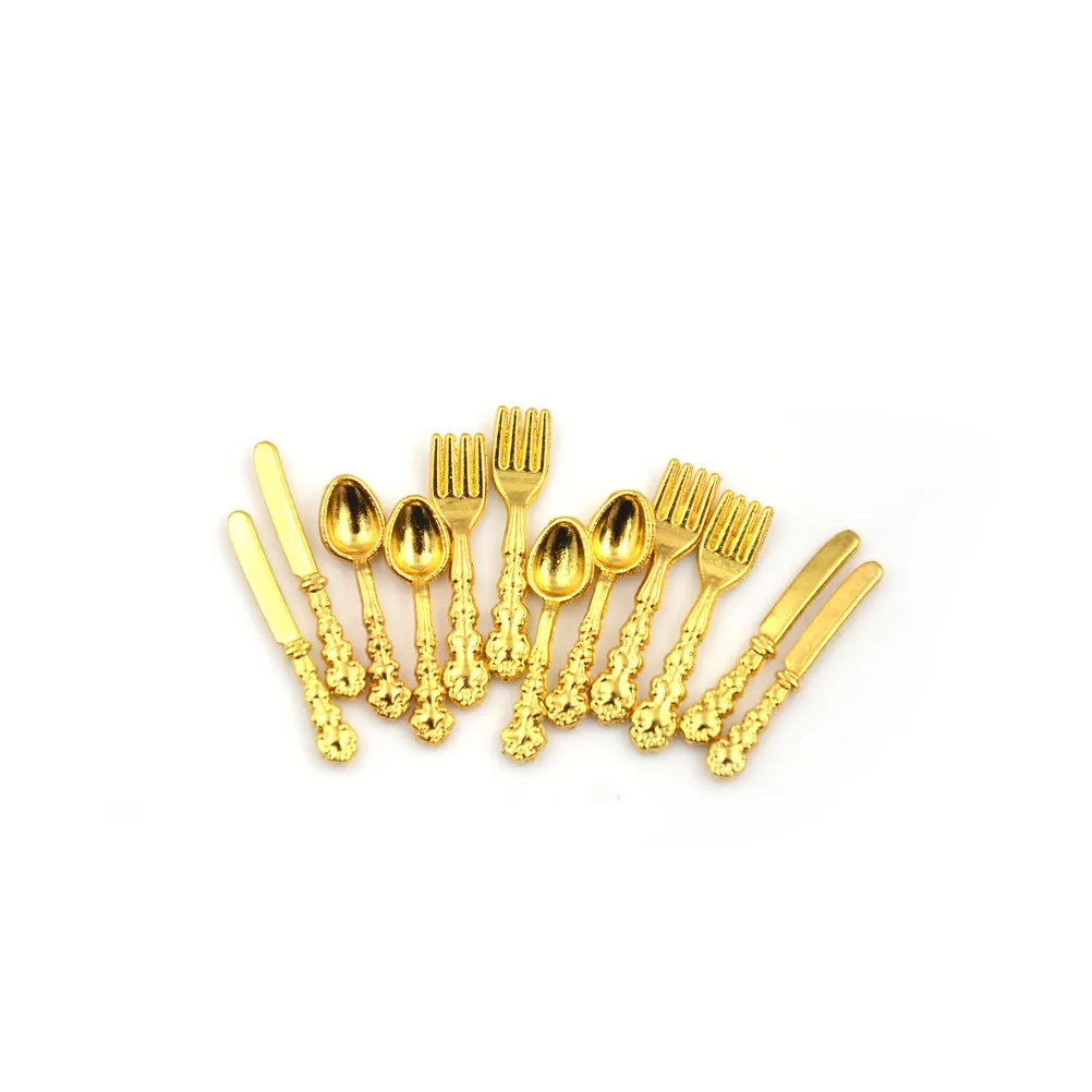 12 шт. 1:12 мини винтажный кукольный домик миниатюрная Посуда Столовые приборы Металл золото серебро нож вилка ложка кухня мебель для еды игрушки - Цвет: Style 3(Gold)