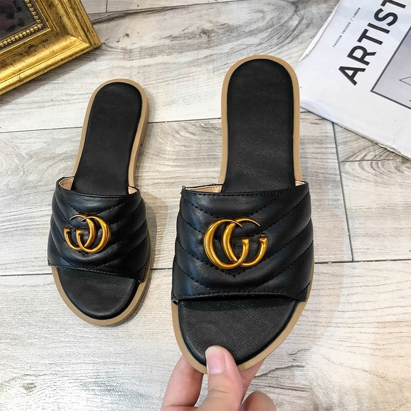 

Women Slippers Exquisite metal decorative ring Brand Designers tong femme 2019 Fashion Sea Slides anti sliping shoes