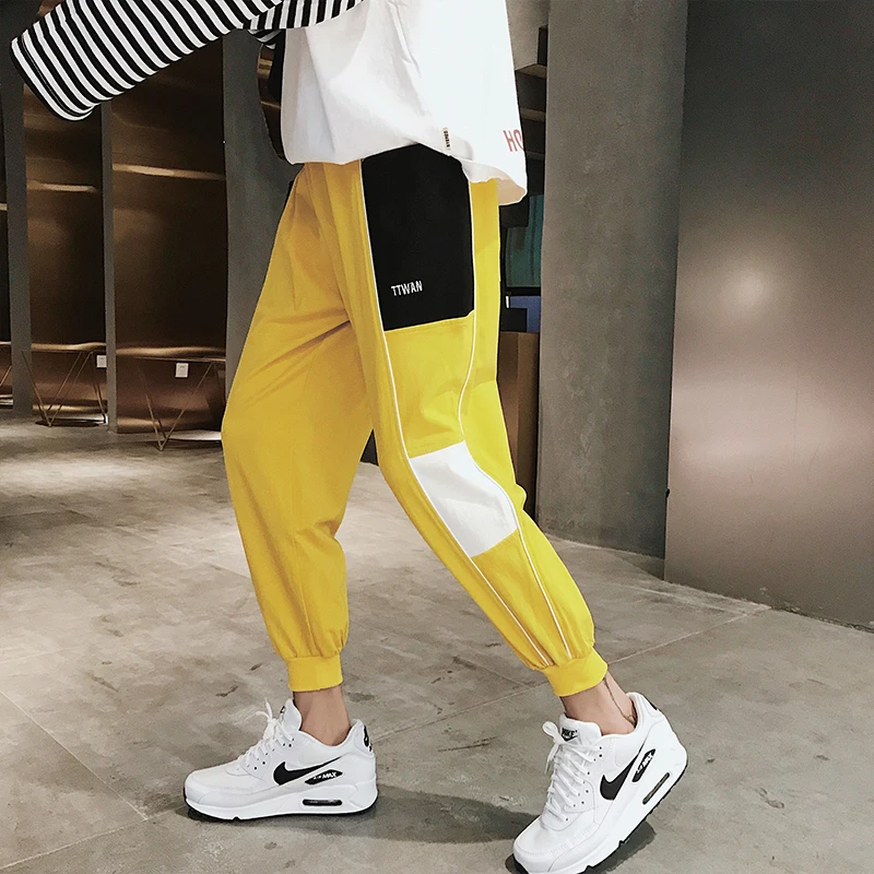 

2018 Men's Fashion Loose Printing Cotton Casual Pants Trousers Waist Elastic Bound Feet Yellow/black Joggers Sweatpants M-2XL