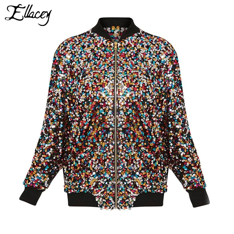 Brand New Stylish Sequins Bomber Jacket Multi-color Shiny Bling Bling Sequin Jacket Women Basic Coats Show Camo Jacket