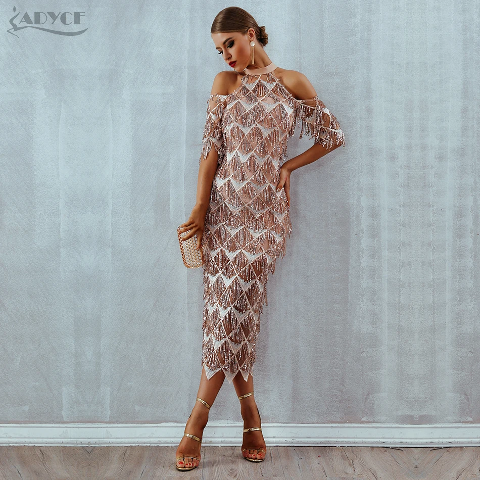 Ceny Adyce elegancka cekinowa suknia wieczorowa Vestidos 2019 nowa siatka Runway sukienka klubowa Sexy Night Club frędzle kobieta Fringe sukienki