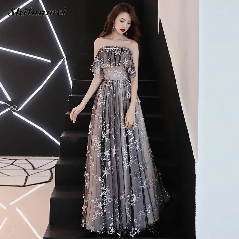Модное Вечернее платье с аппликацией в виде звезд, женское длинное платье с открытыми плечами, женские платья с высокой талией, шифоновое летнее платье XXL