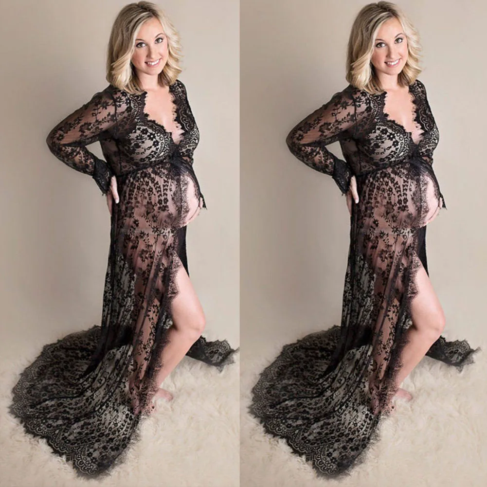 Women's Hot Front Split Maternity Lace Dress Size Black