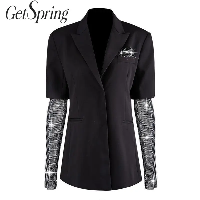 

GetSpring Women Blazer Drill Long Sleeve Stitching Black Women Suit Caot Fake Two Thin Womens Blazers Irregular Female Jacket