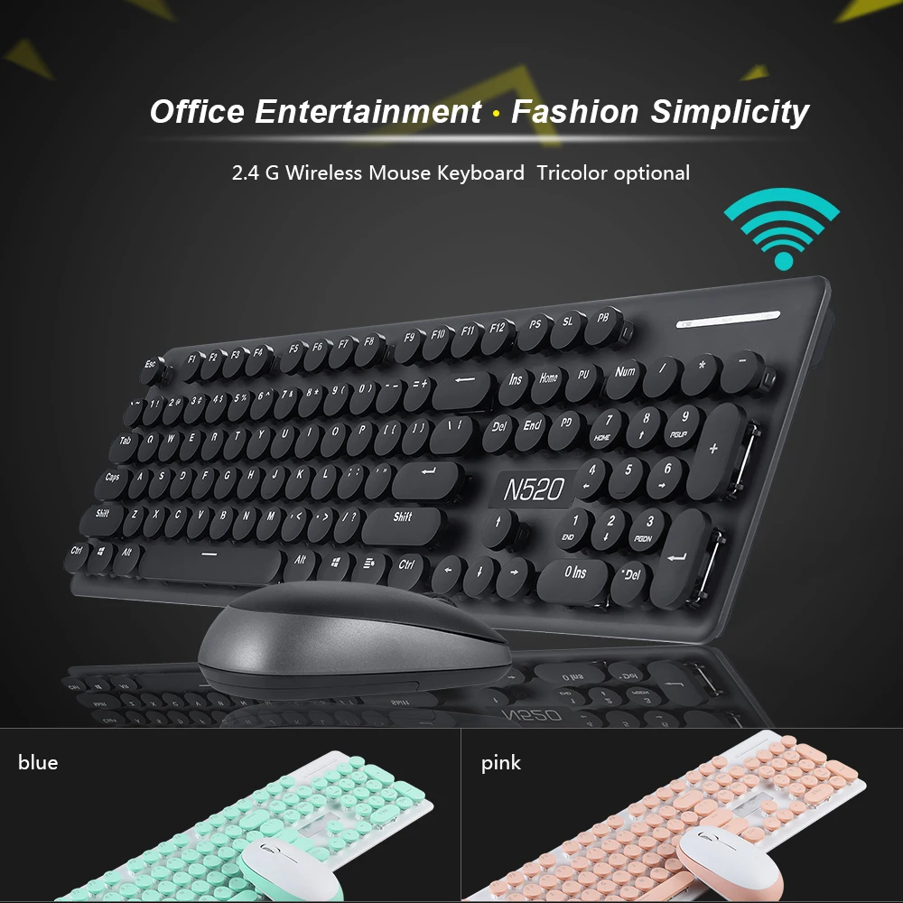 

2.4G Wireless Keyboard Mouse Combo Recreation Office Mechanical Hand Feeling Retro Round Button Mute For Desktop PC Laptop