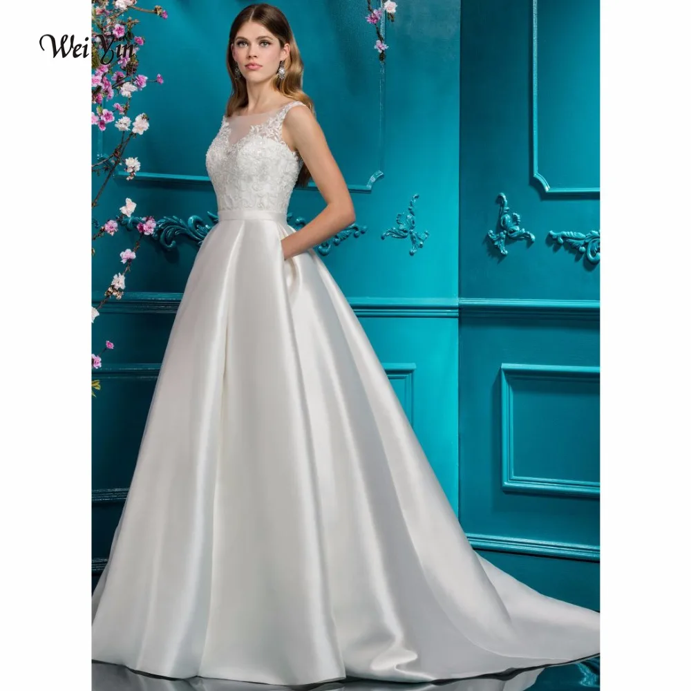 weiyin A-Line Wedding Dress Princess Jewel Neck Court Train Lace Over Tulle Custom Wedding Dresses with Appliques Button weiyin A-Line Wedding Dress Princess Jewel Neck Court Train Lace Over Tulle Custom Wedding Dresses with Appliques Button