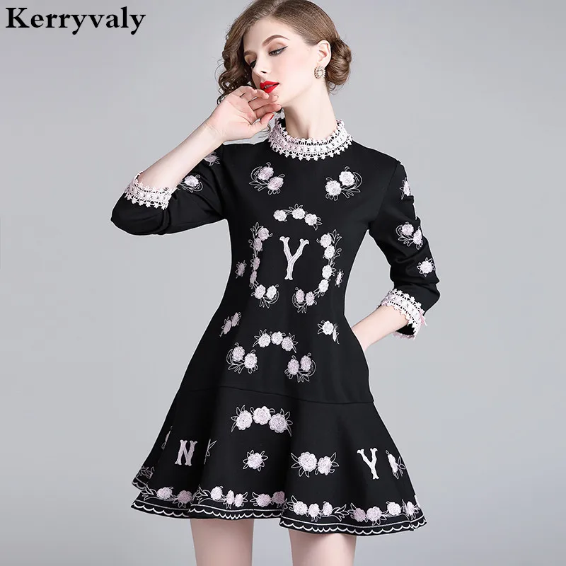

Black Loose Flower Embroidery Lace Dress Vestido Invierno Mujer 2019 Autumn Women Retro Dress Vestido Blanco Robe Moulante K5342