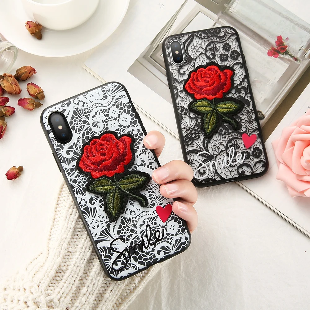 For-iPhone-X-Flower-Cases-Romantic-Lace-Printed-Embroidery-Rose-Hard ...