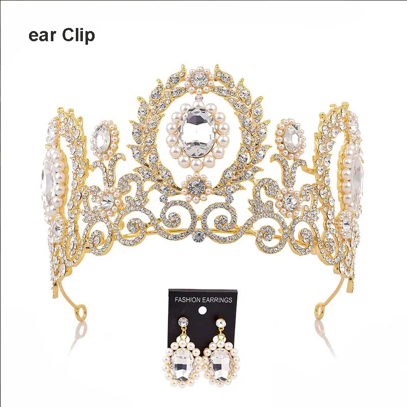 Барокко золото камни кристалл тиара и корона серьги набор женщин диадема головные уборы, свадебные прически ювелирные аксессуары набор VL - Окраска металла: gold 2