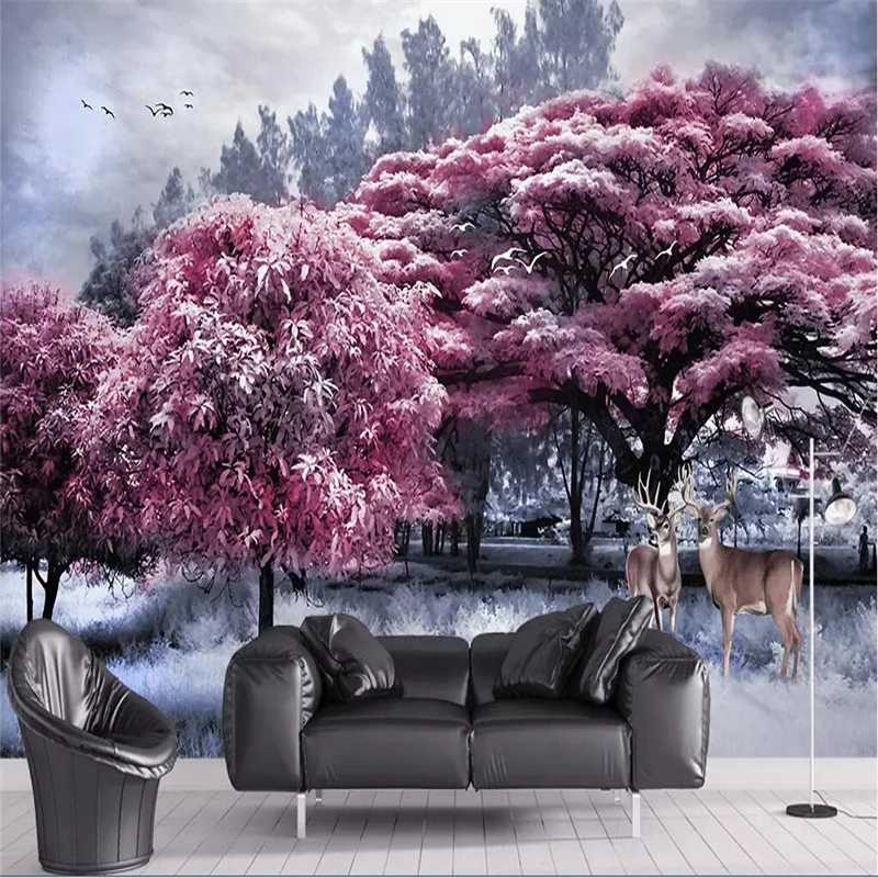 

Decorative wallpaper Beautiful pink forest tree elk scenery background wall painting