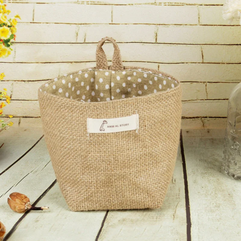1 Pcs Cotton Linen Hanging Bag Home Gadget Storage Organizer For Flower Pot Small Sack Hanging Jute Dot Striped Storage Basket