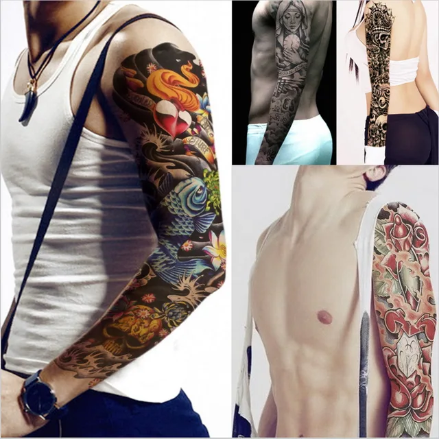 Bras complet temporaire manches de tatouage paon pivoine dragon crâne conceptions étanche Cool hommes femmes tatouages autocollants peintures d'art corporel 6