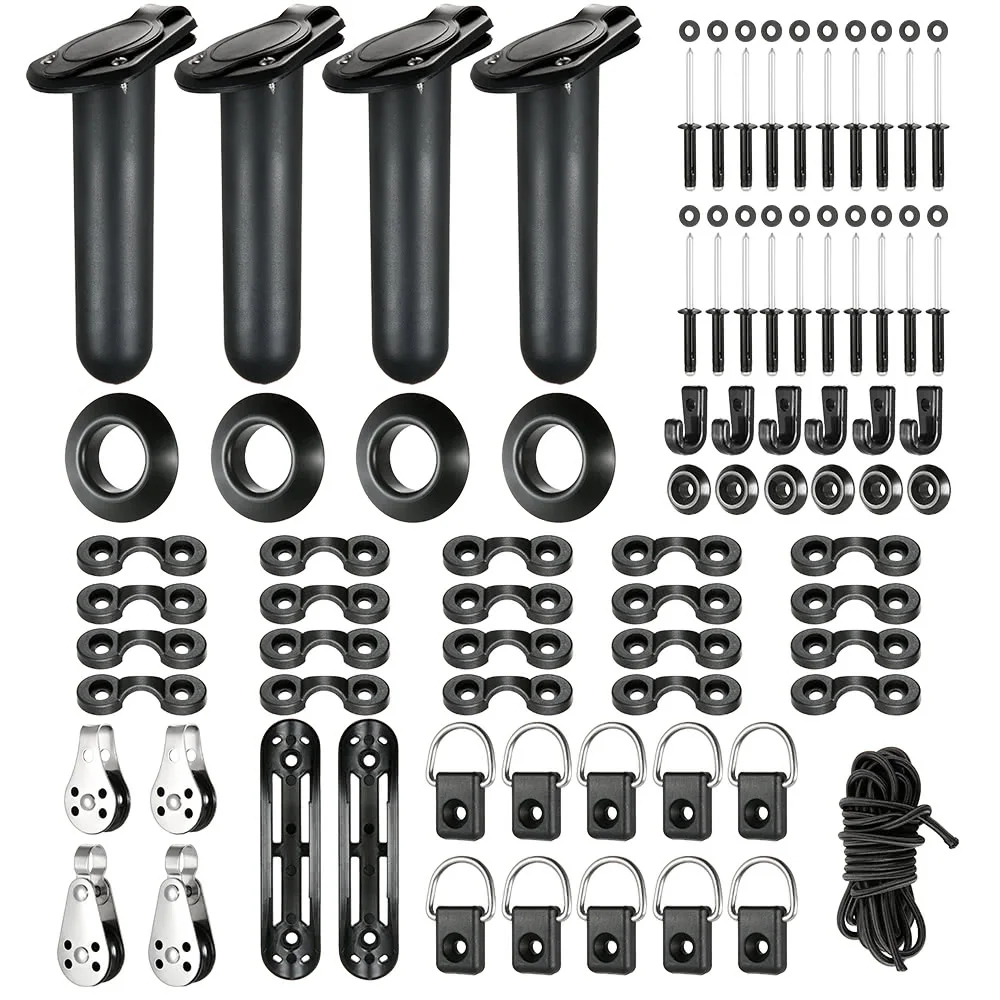 

97pcs Kayak Canoe Boat Accessories Kit Fishing Rod Holder Mount Paddle Clips 5M Bungee Rope Cord J Hook Rivet Pulley Blocks Set