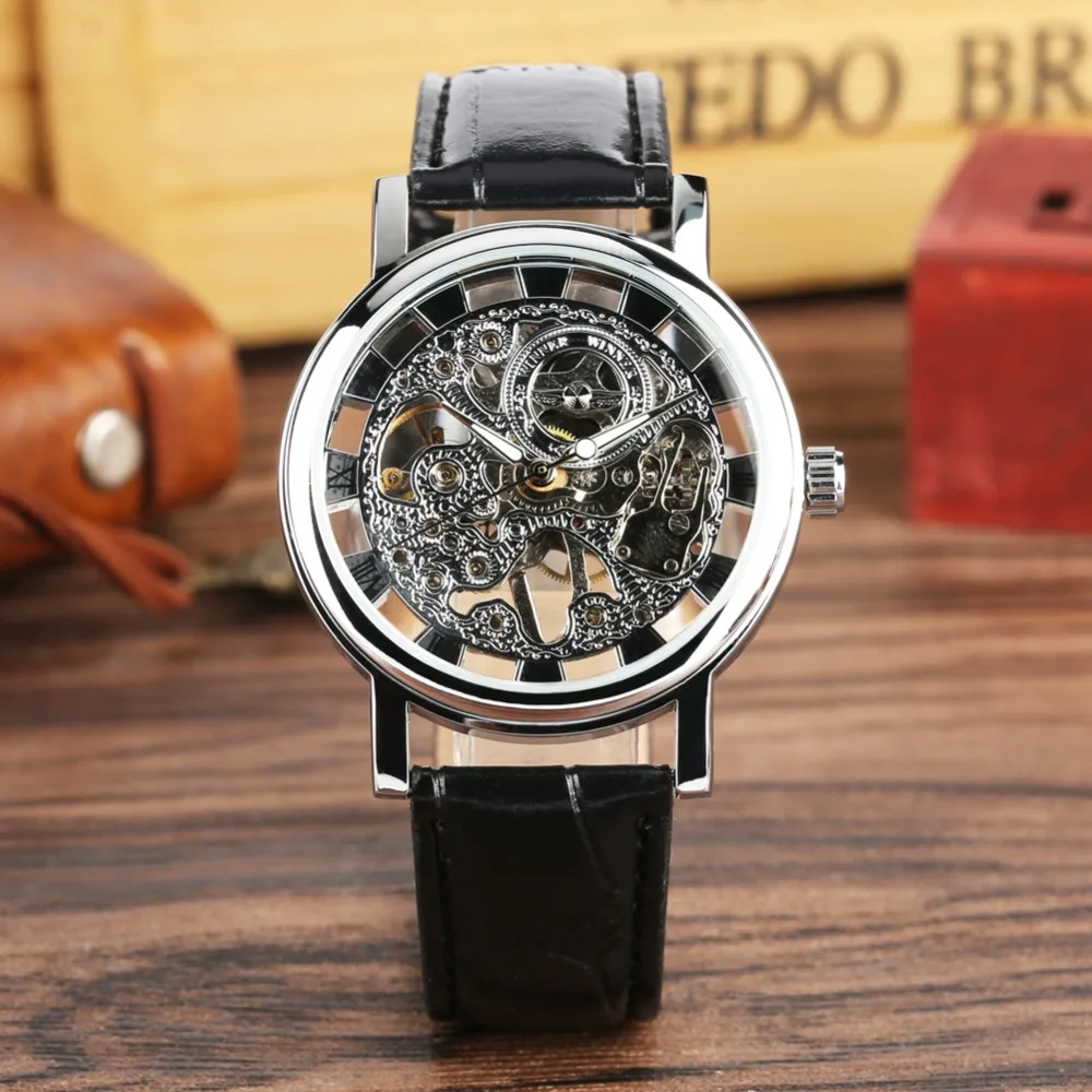 

Men Watch Top Brand Fashion Mechanical Watch Hand Wind Leather Band Leisure Skeleton Roman Numbers Clock Male reloj hombre