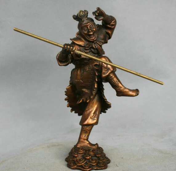 

8" China Mythology Bronze Sun Wukong Monkey King Hold Stick Statue R0712