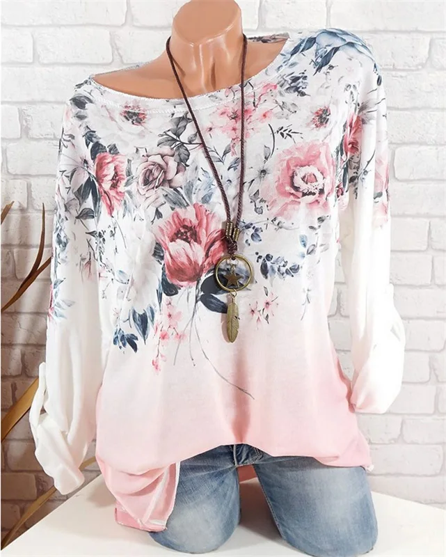 Autumn And Winter Women's Fashion Sexy O-neck Flower printing Long Sleeve Plus Size Shirts Tops