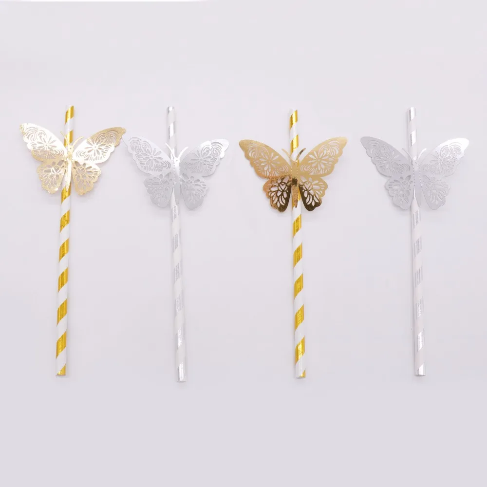 25pcs gold silver Striped Straw and 3D PVC butterfly for Romantic Wedding Party Decoration DIY birthday party bar Decoration